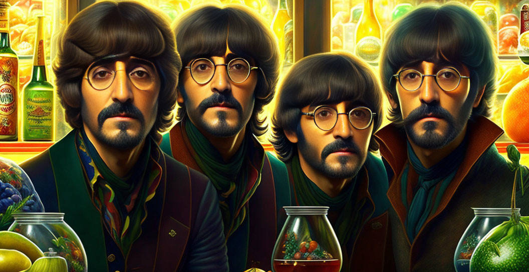 Illustrated portrait of four men with unique mustaches in period attire against a vibrant fruit and bottle backdrop