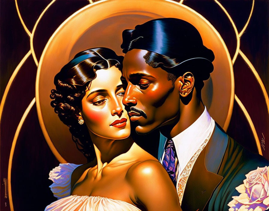 Stylized portrait of man and woman in formal attire with golden halos