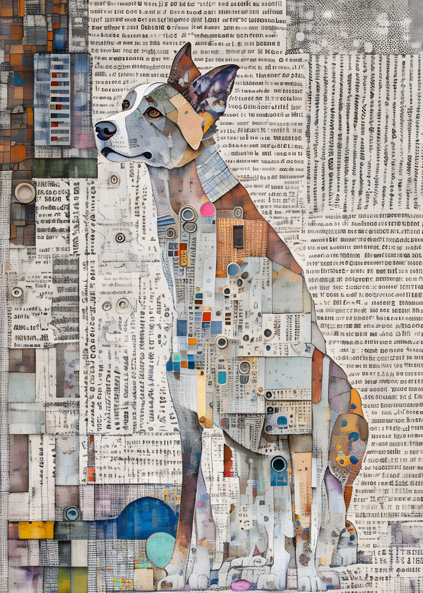 Mixed-media collage featuring dog with newspaper clippings, circuit board designs, and abstract shapes