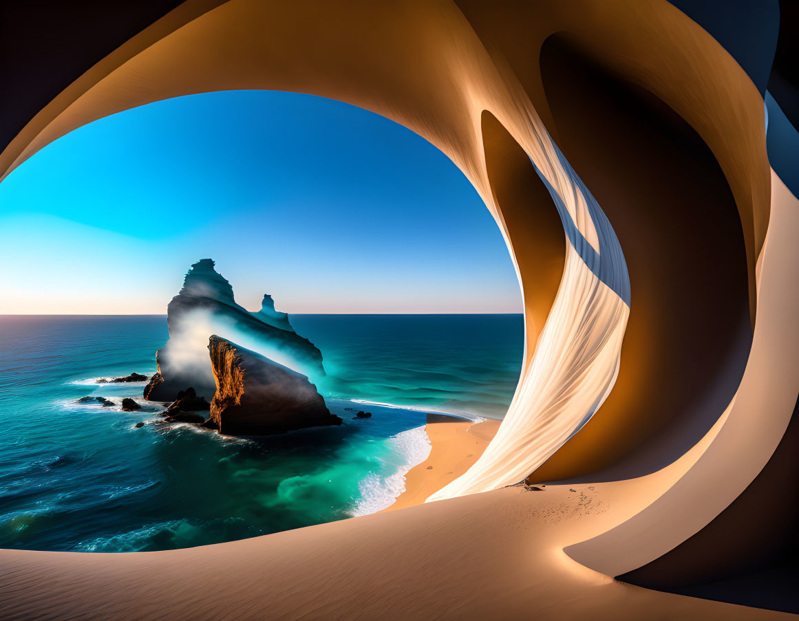 Surreal beach and rock formations framed by swirling sandstone at sunset