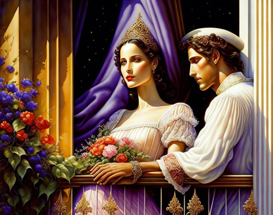 Regal couple by window with vibrant colors & Renaissance style