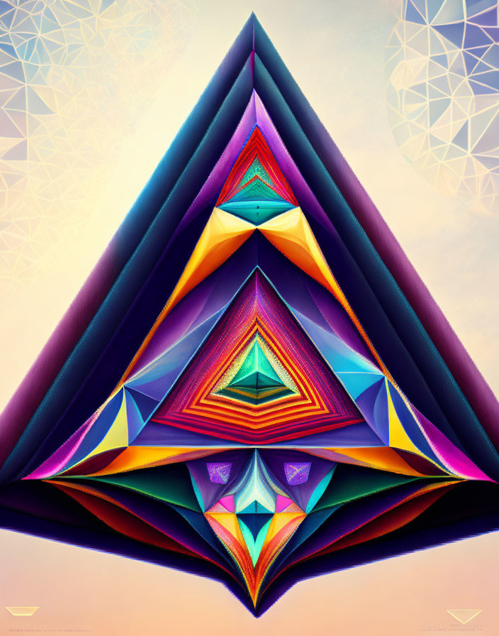 Vibrant digital artwork: layered triangles with intricate patterns on gradient background