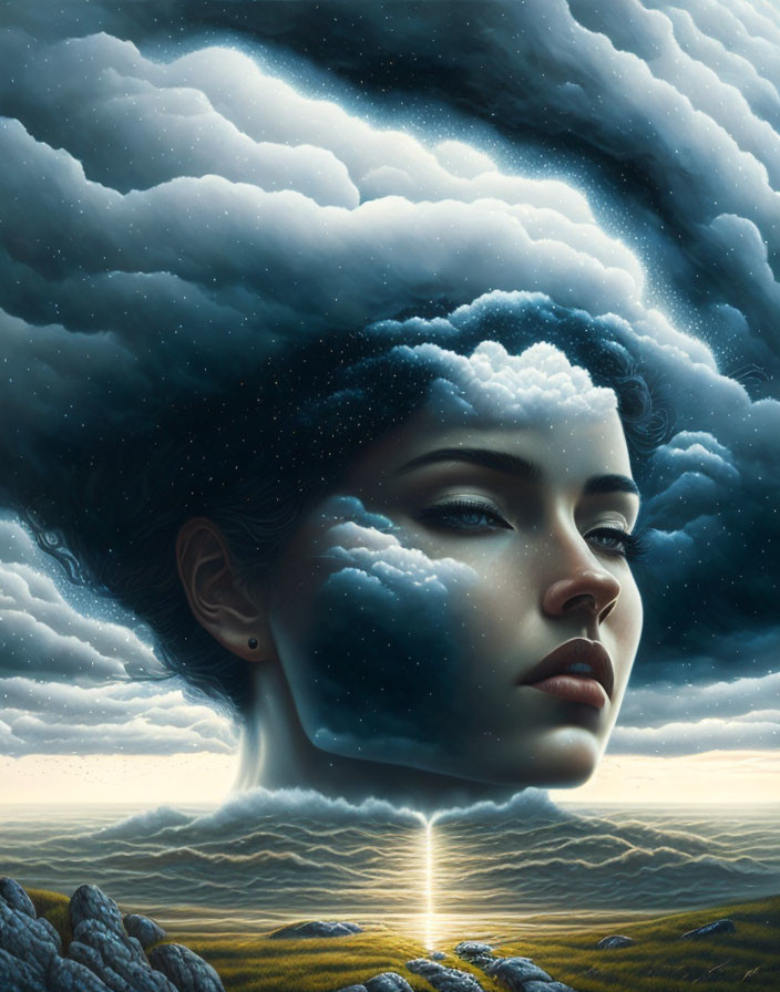 Surreal portrait blending woman with seascape and sky, light through forehead