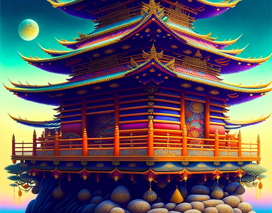 Colorful Pagoda with Multiple Tiers under Twilight Sky