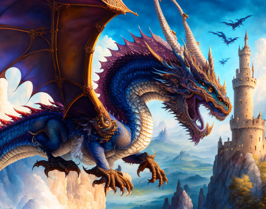 Blue Dragon Perched on Crag Overlooking Castle and Peaks