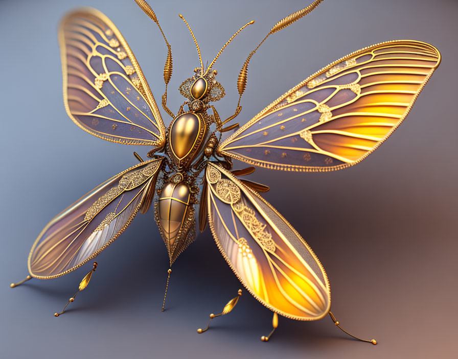 3D rendering of ornate mechanical insect with golden designs and translucent orange wings