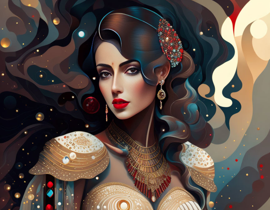 Illustrated portrait of woman with wavy hair, dramatic makeup, ornate jewelry on cosmic background