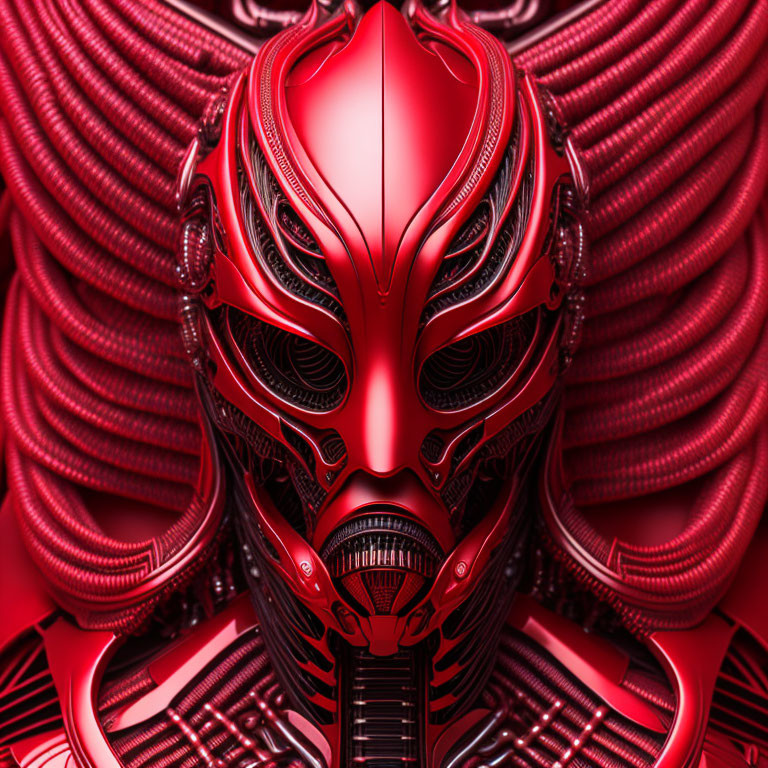 Futuristic robotic face with sleek red finish and details