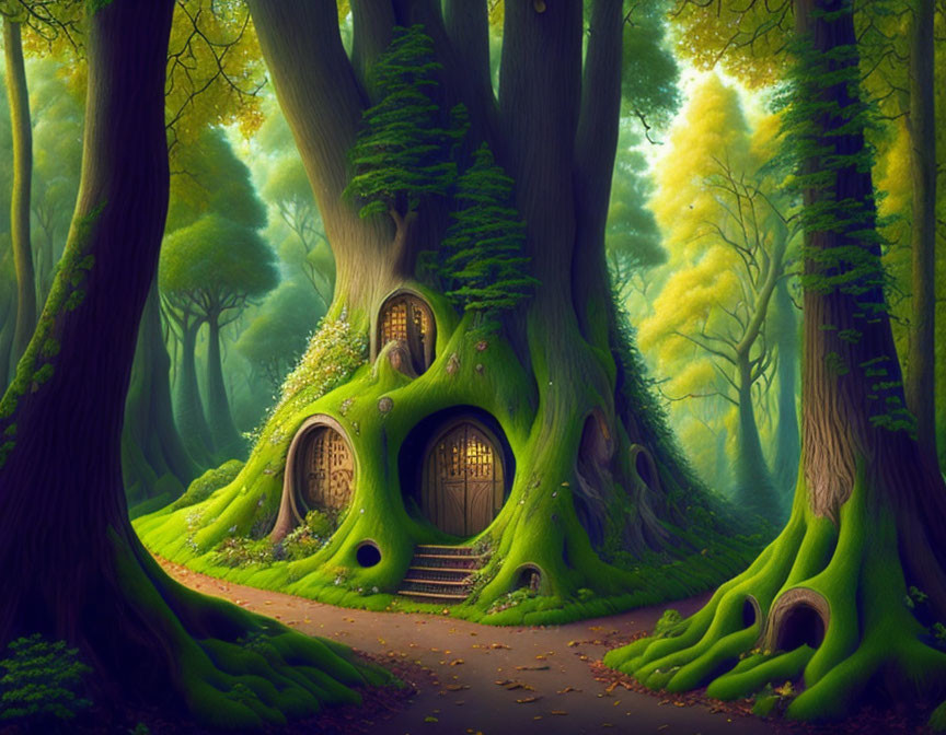 Whimsical treehouses in enchanted forest scene