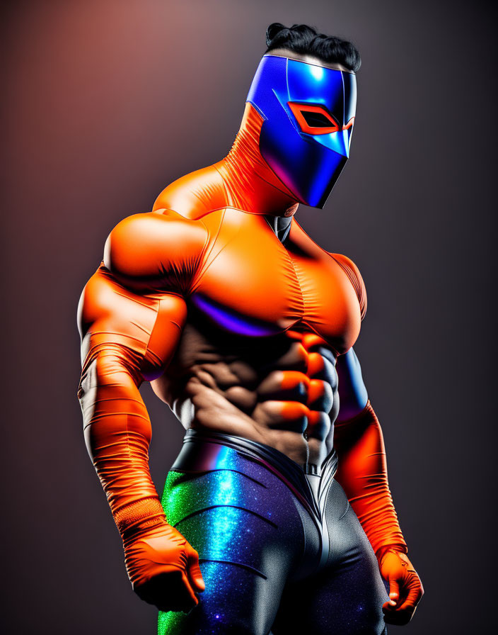 Colorful superhero costume with geometric mask and defined muscles