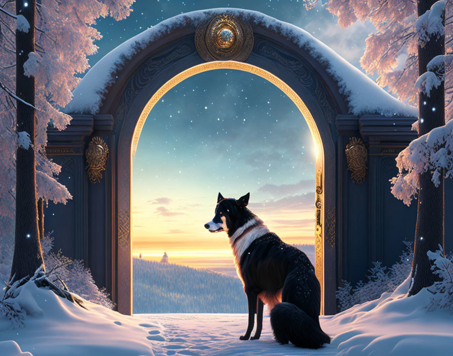 Dog in Snowy Forest at Twilight with Ornate Gate