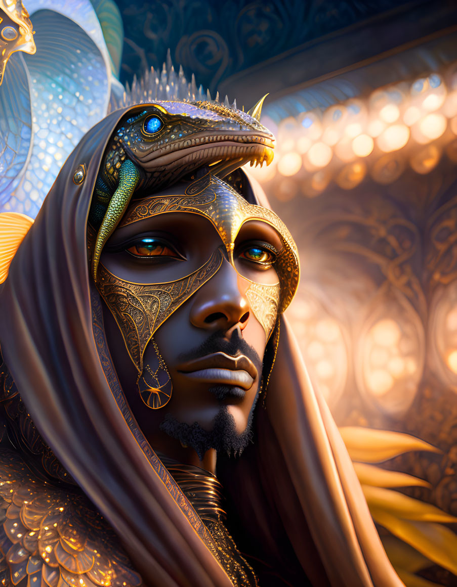 Golden-eyed figure in lizard headpiece cloaked in warm-toned fabrics against intricate backdrop