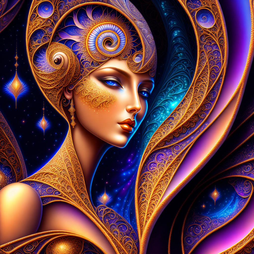 Fantastical digital art: Woman in golden attire with cosmic backdrop