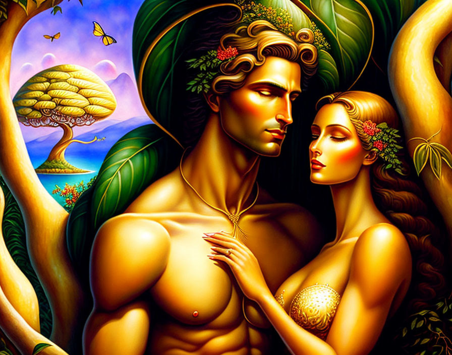 Colorful painting of man and woman with nature elements and symbolic tree of life.