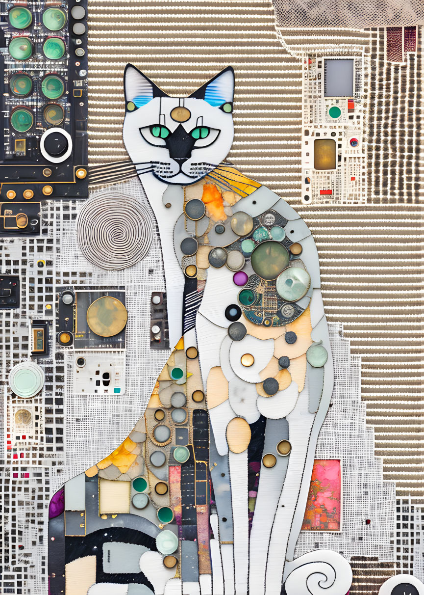 Electronic Components Cat Collage on Circuit Board Background