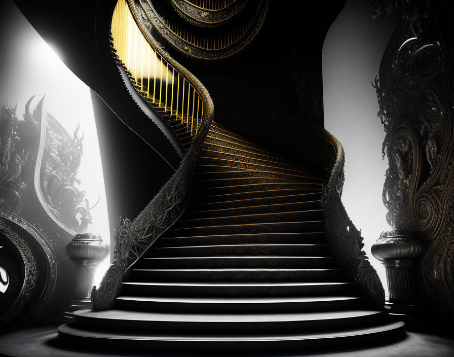 Luxurious interior featuring elegant spiral staircase with ornate railing