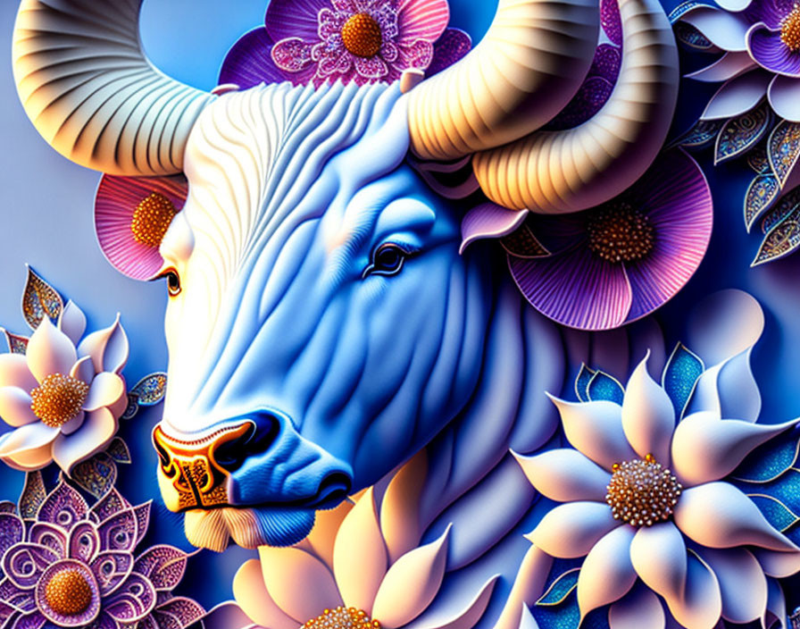 Digital Art: Stylized Blue Bull Among Purple and Blue Flowers