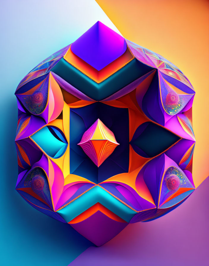 Colorful 3D fractal art: neon geometric shapes on gradient background