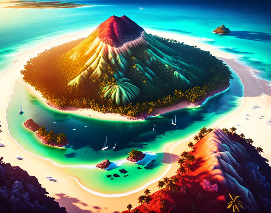 Tropical Island with Volcano, Beaches & Sailing Boats at Sunset