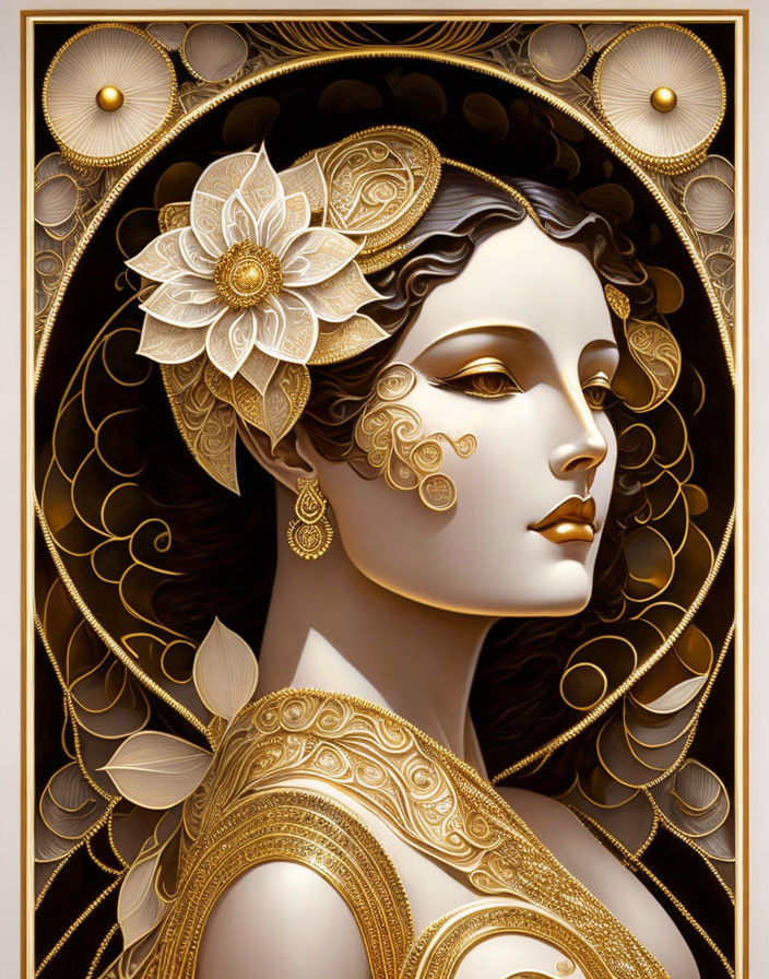 Woman adorned in gold and white jewelry on golden backdrop