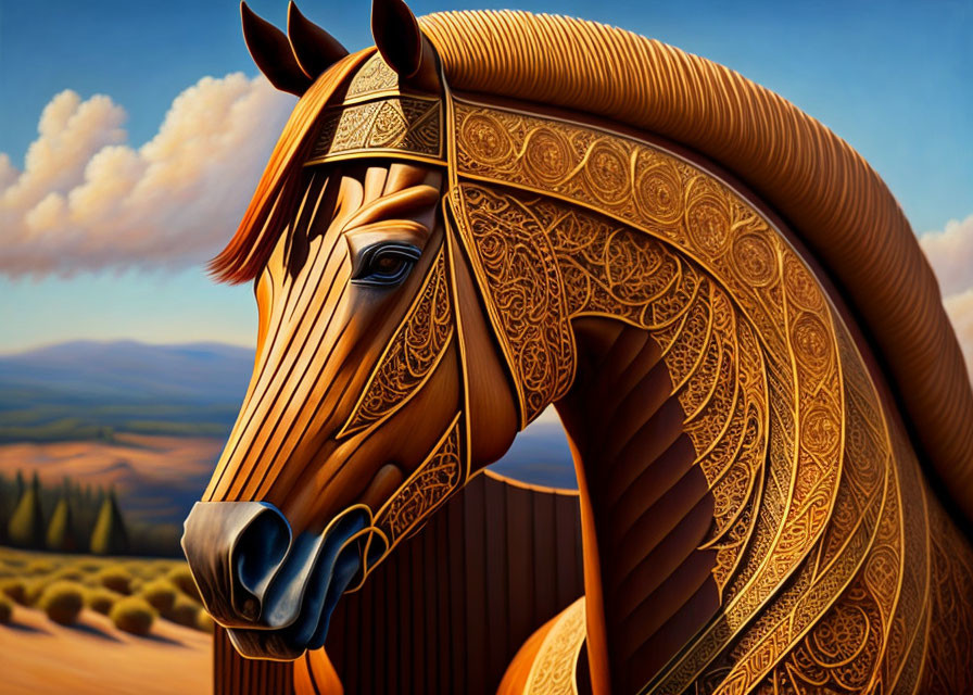 Ornately patterned horse in stylized landscape