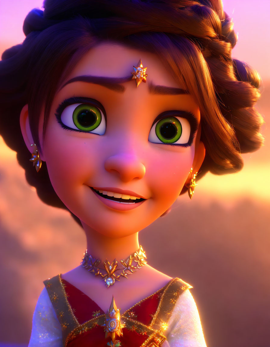 Close-up of Smiling Female Character with Green Eyes and Star Jewelry