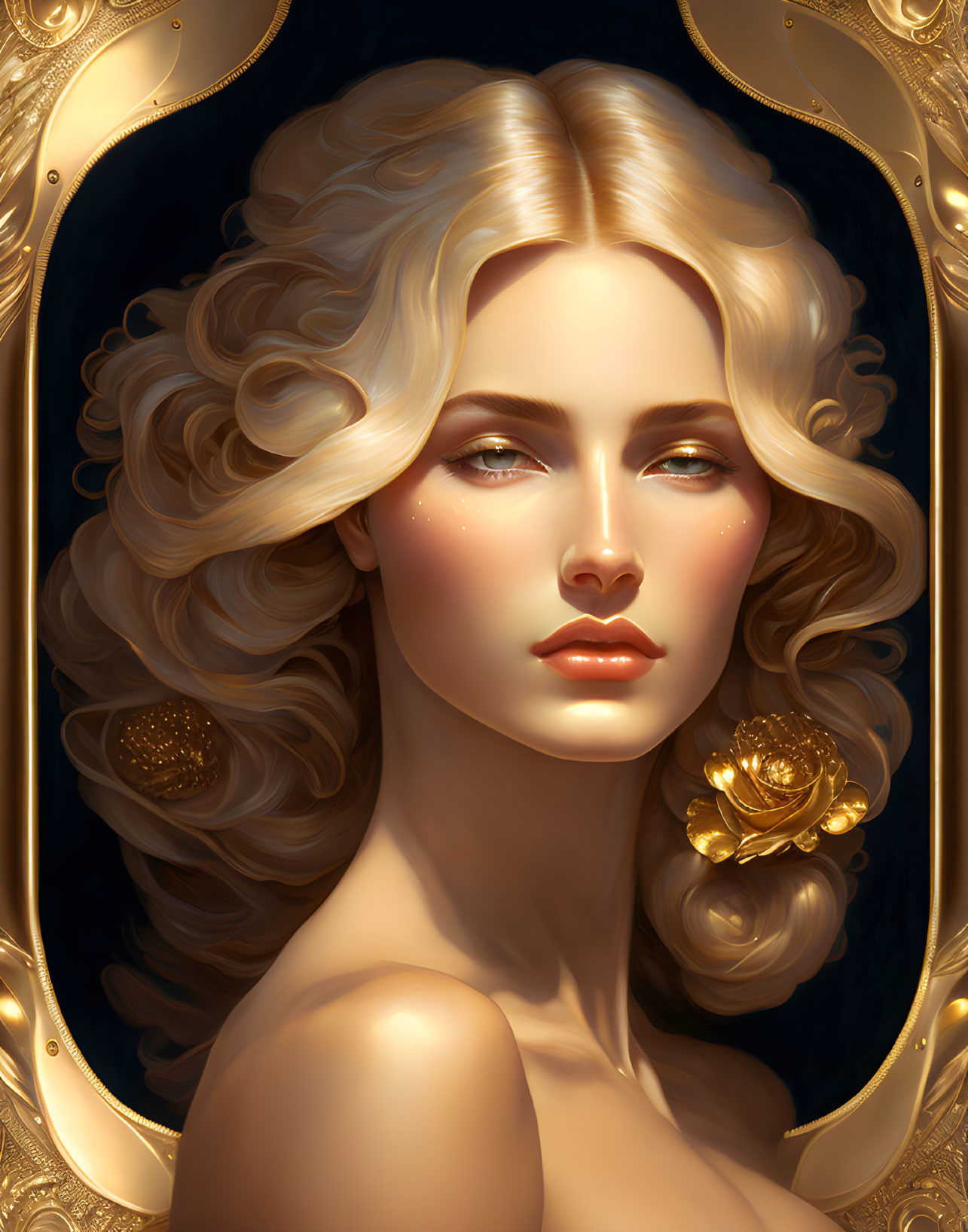 Portrait of Woman with Wavy Blonde Hair and Rose-Gold Accents