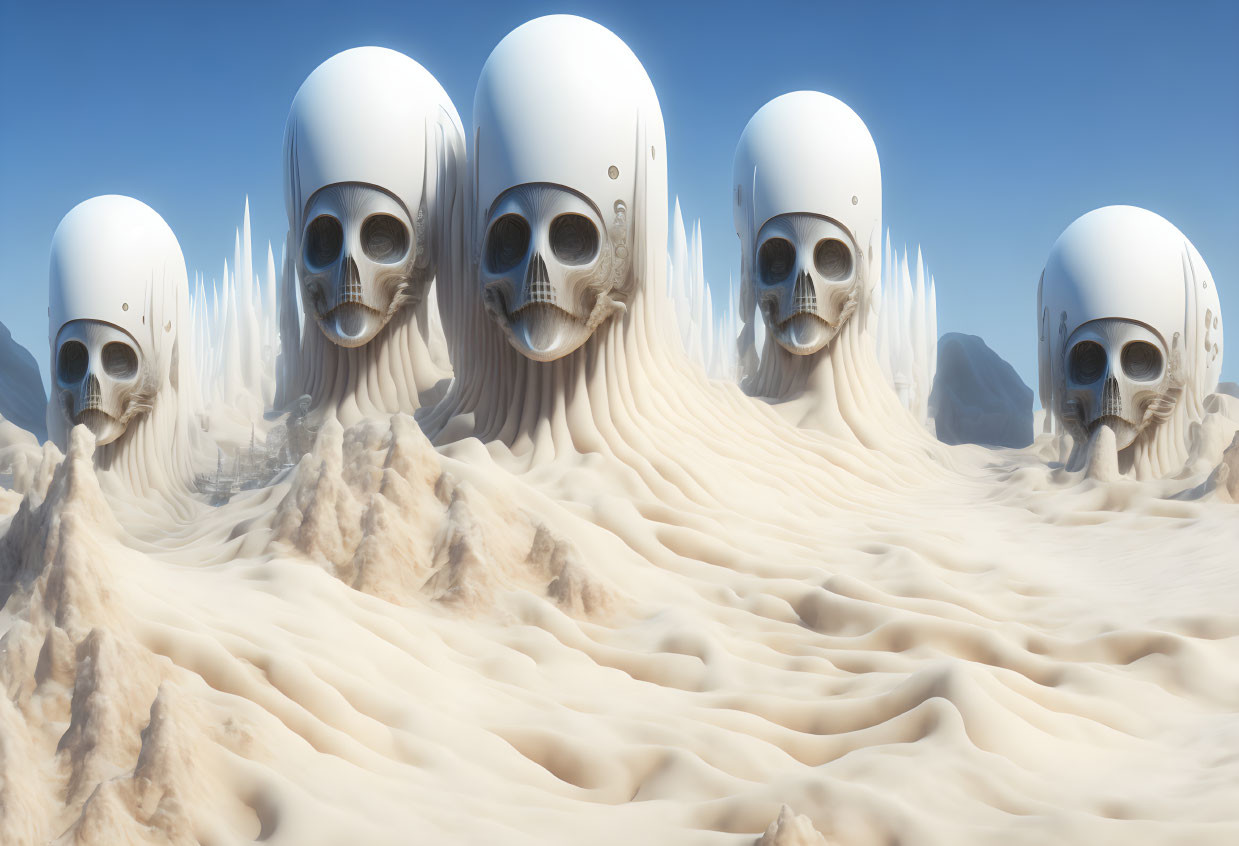 Surreal Landscape with Helmets and Skull Faces