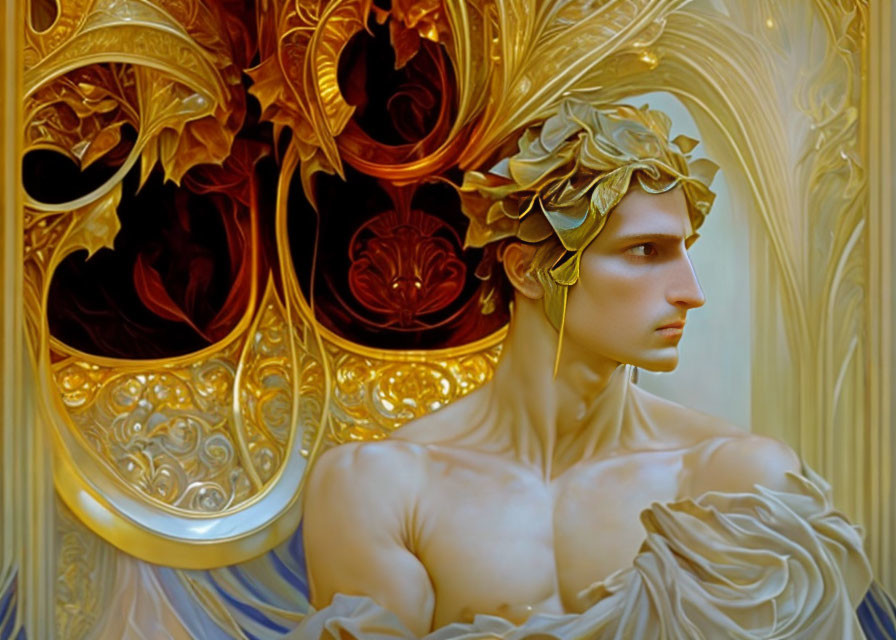 Golden laurel crown on person amidst baroque-style designs