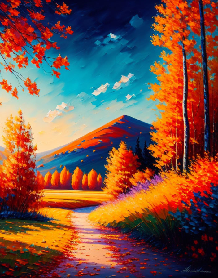 Autumn landscape painting: path to mountain through colorful trees