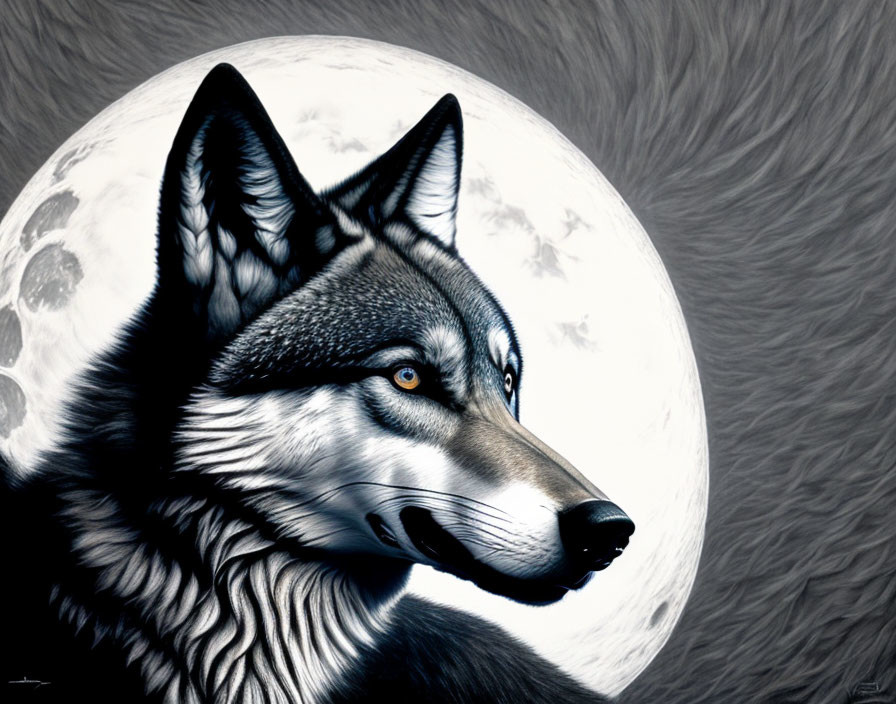 Detailed grayscale wolf head profile with full moon illustration