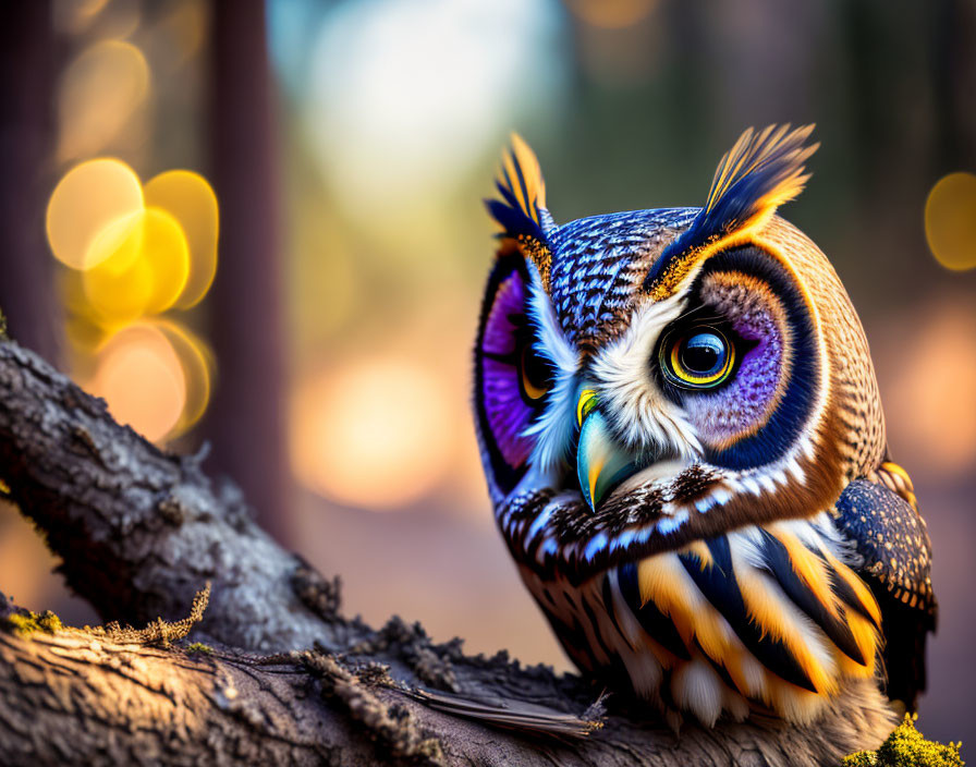 Colorful owl perched on tree branch with warm golden lights and trees