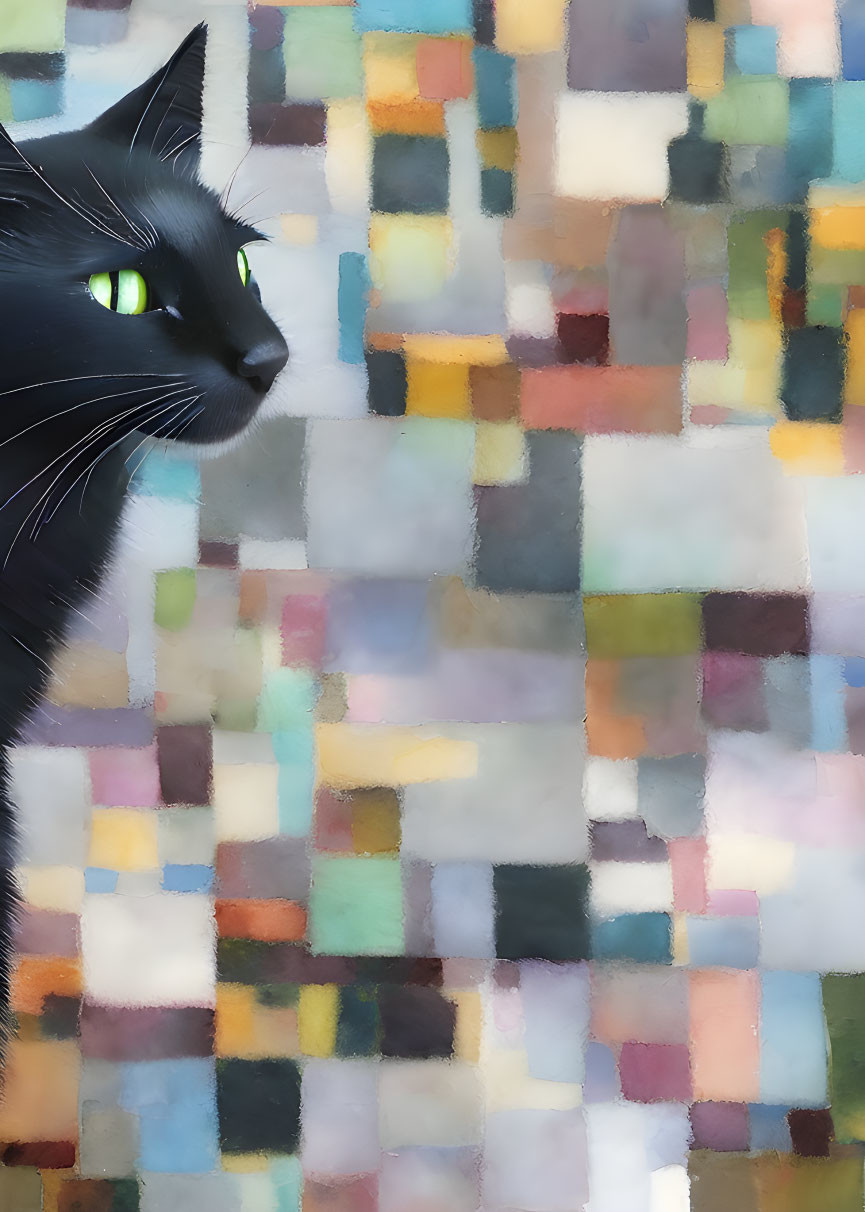 Black cat with green eyes against colorful mosaic background