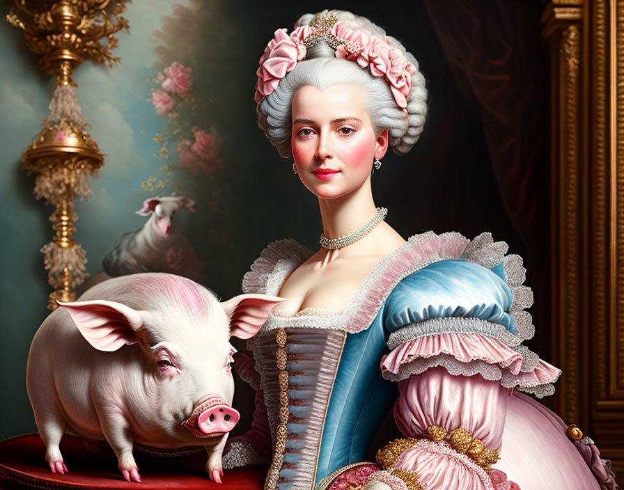 18th-Century Woman and Pig in Luxurious Floral Room