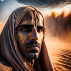 Golden-eyed figure in lizard headpiece cloaked in warm-toned fabrics against intricate backdrop