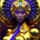 Purple-skinned woman with ornate golden headgear and mystical aura.