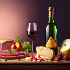 Still Life Composition with Wine, Cheese, Fruits, and Ham on Purple Background