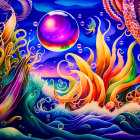 Colorful psychedelic aquatic illustration with purple octopus, coral structures, stylized eye, and floating pink