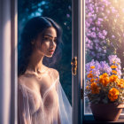 Curly Red-Haired Woman Looking out Window at Sunset with Flowers