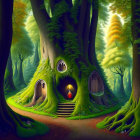 Whimsical treehouses in enchanted forest scene