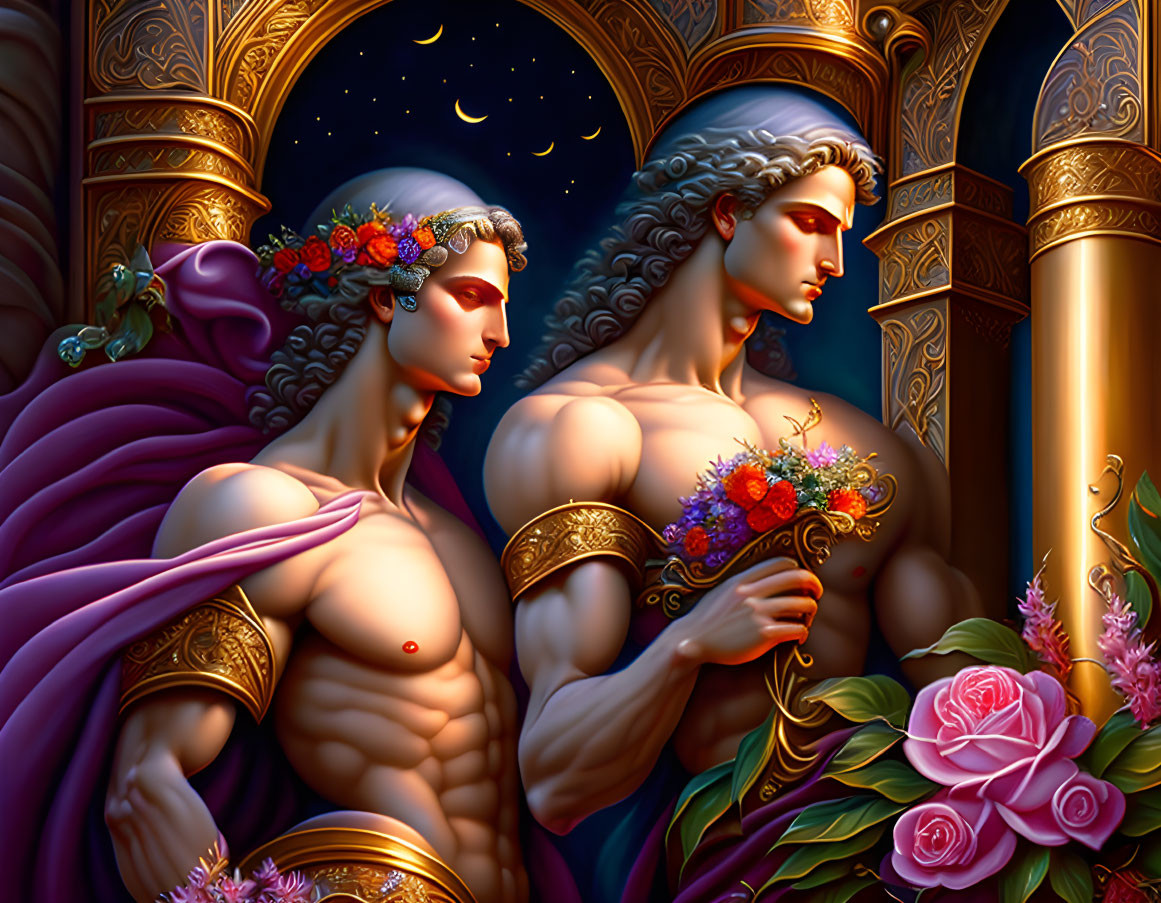 Muscular individuals with floral crowns and arm bands by archway at night