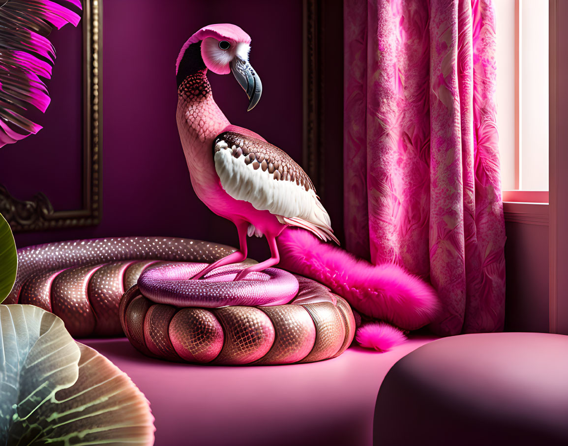 Surreal pink bird on cushion in purple room