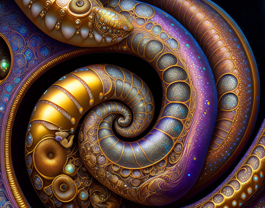 Detailed Golden and Purple Fractal Spirals with Jewel-like Patterns