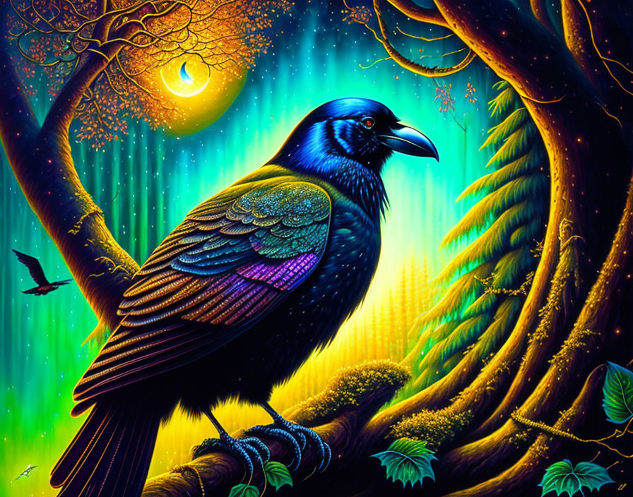 Illustration of black raven on branch under starry night sky