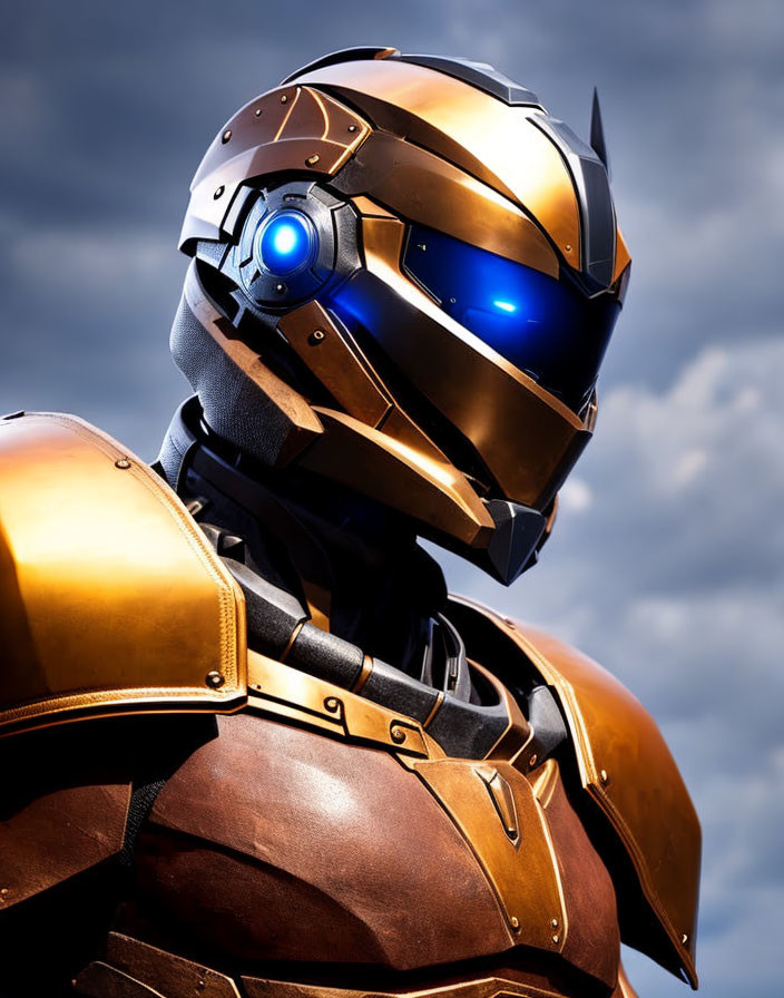 Futuristic armored suit with gold and silver helmet and blue visor against cloudy sky