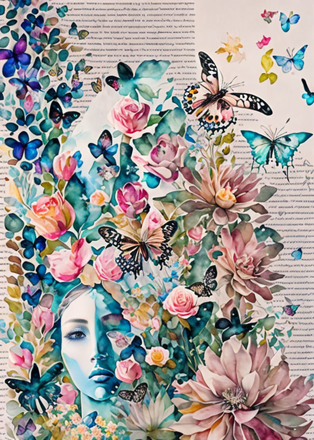 Watercolor Artwork of Woman's Face with Floral Elements