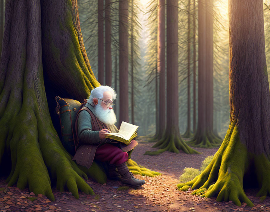 Elderly man with white beard reading book by tree in sunlit forest