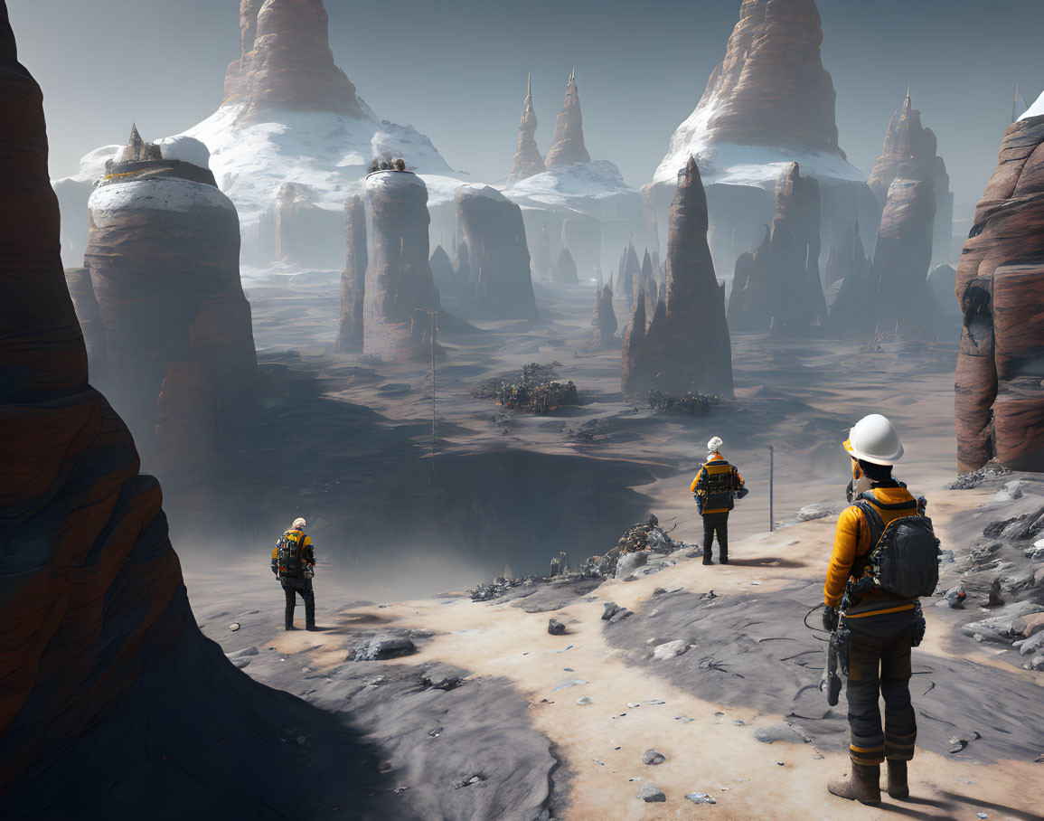 Three Astronauts in Yellow Suits Explore Alien Landscape