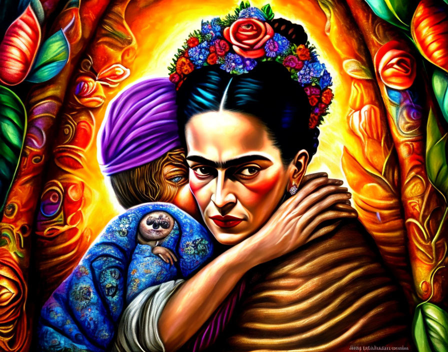 Vibrant painting of woman with floral headpiece and figure in purple shawl