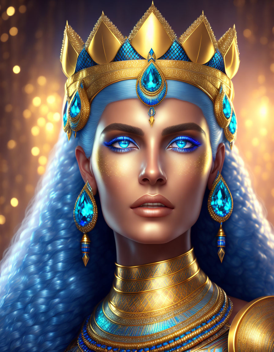 Regal female figure with blue skin and golden crown